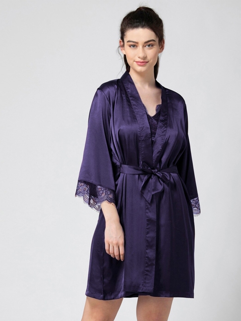 

ADORENITE Women Purple Short Lace Nightdress with Robe