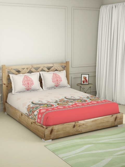 SPACES White & Red Ethnic Motifs 144 TC Queen Bedsheet with 2 Pillow Covers