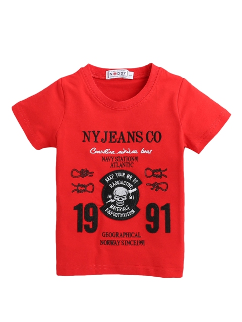 

Noddy Boys Red & Black Typography Printed Raw Edge T-shirt