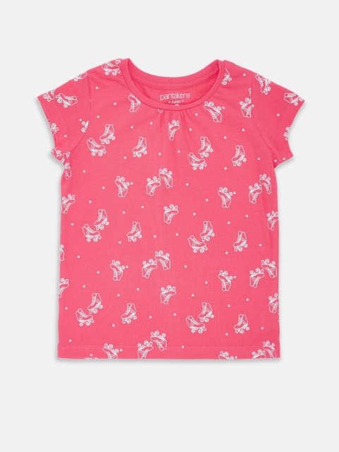 

Pantaloons Junior Girls Coral Pink White Printed Cotton Pure Cotton T-shirt
