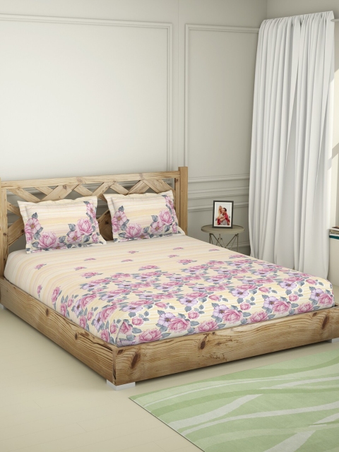 

SPACES Beige & Pink Floral 144 TC King Bedsheet with 2 Pillow Covers