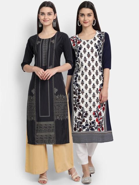 

Ethnic basket Women Pack of 2 Black & Off White Ethnic Motifs Printed Crepe Kurta