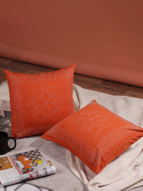 

Molcha Set Of 2 Rust Brown & White Embroidered Square Cushion Covers