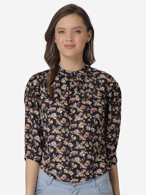 

Modriba Women Black & Lavender Floral Printed Georgette Regular Top