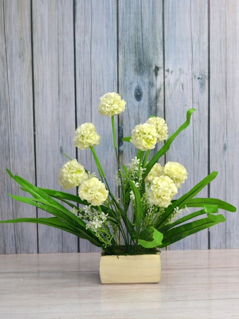

fancy mart White & Green Artificial Delia Round Flower With Beige Square Wood Pot