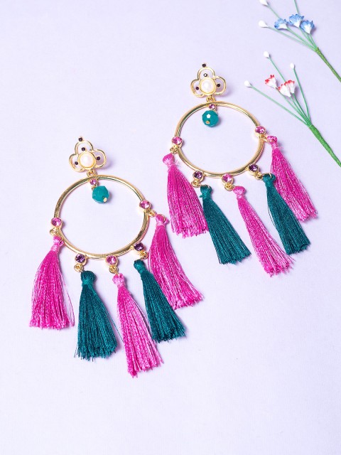 

Golden Peacock Purple & Green Contemporary Tasselled Chandbalis Earrings