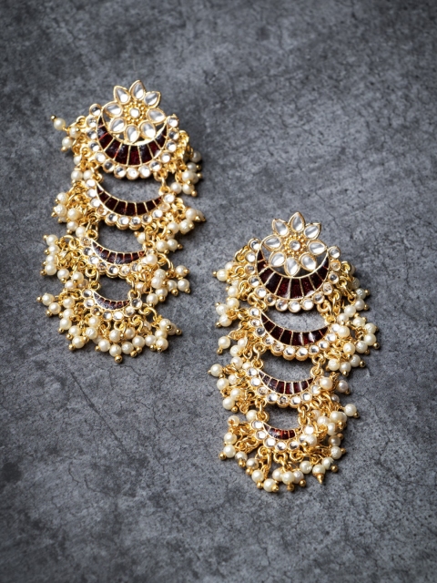 

MORKANTH JEWELLERY Gold & Maroon Crescent Shaped Drop Earrings
