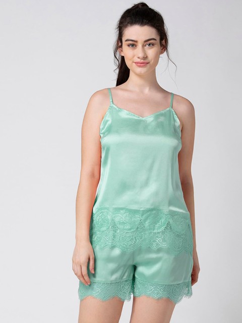 

ADORENITE Women Green Satin Lace Trimmed Suit Camisole and Shorts Set