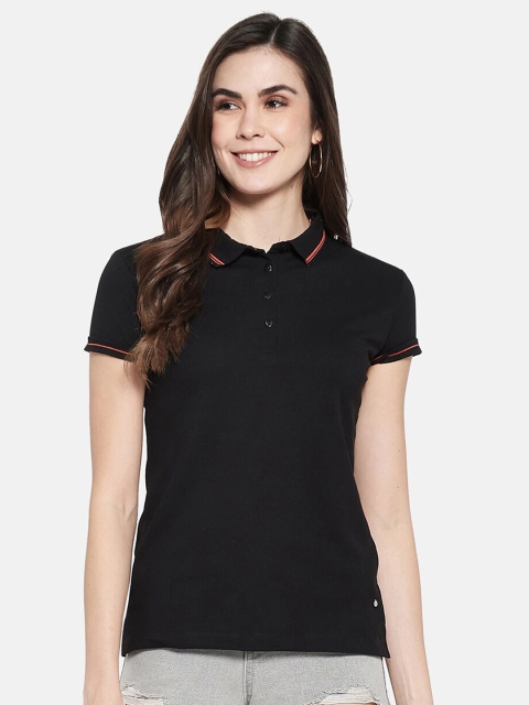

Monte Carlo Women Black Polo Collar Raw Edge T-shirt