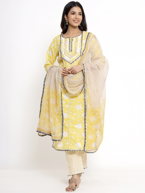 

ANAISA Women Yellow & White Gotta Patti Pure Cotton Kurti with Trousers & Dupatta