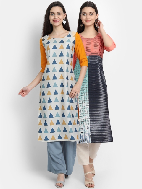 

Ethnic basket Women Pack Of 2 Off White & Green Geometric Printed Crepe Kurtas