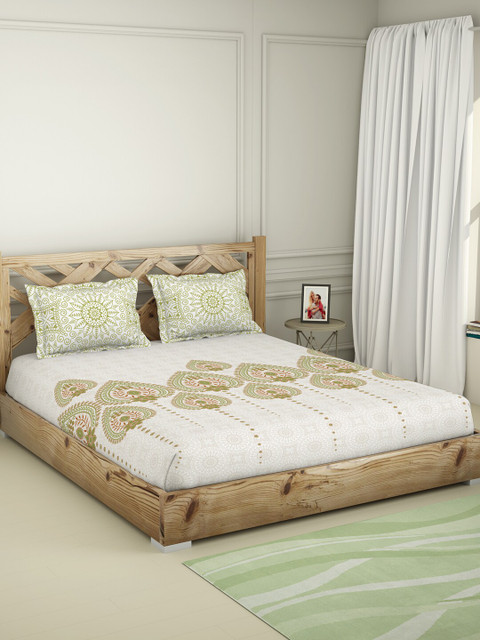 

SPACES Off White & Green Ethnic Motifs 144 TC King Bedsheet with 2 Pillow Covers