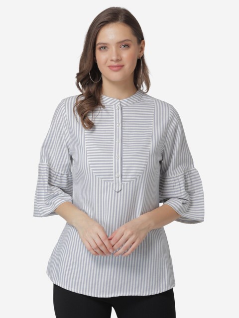 

Modriba Grey & White Mandarin Collar Striped Cotton Tunic