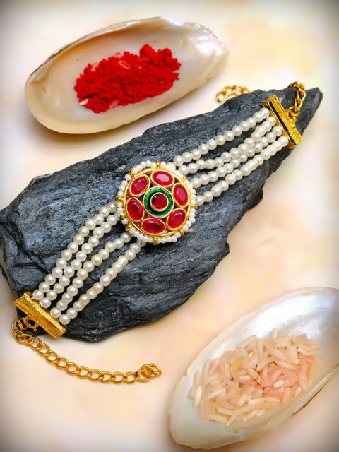 

Crunchy Fashion Bracelet Material Moti Kundan Rakhi With Roli & Chawal, Gold