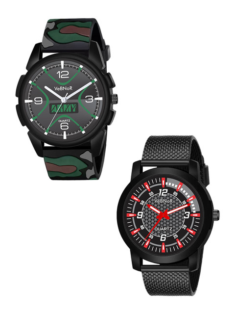 

VeBNoR Boys Black Printed Dial & Multicoloured Straps Analogue Watch, Green