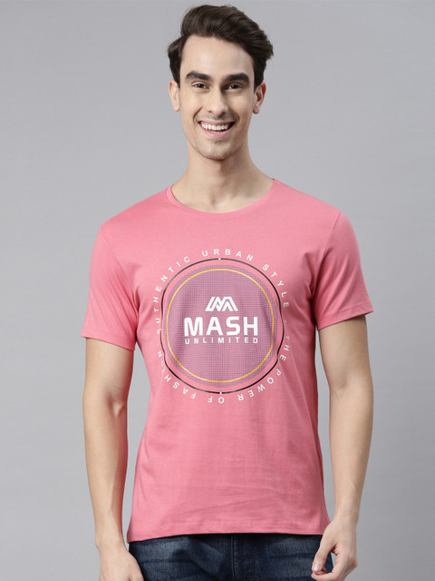 

MASH UNLIMITED Men Pink Brand Logo Printed Slim Fit T-shirt