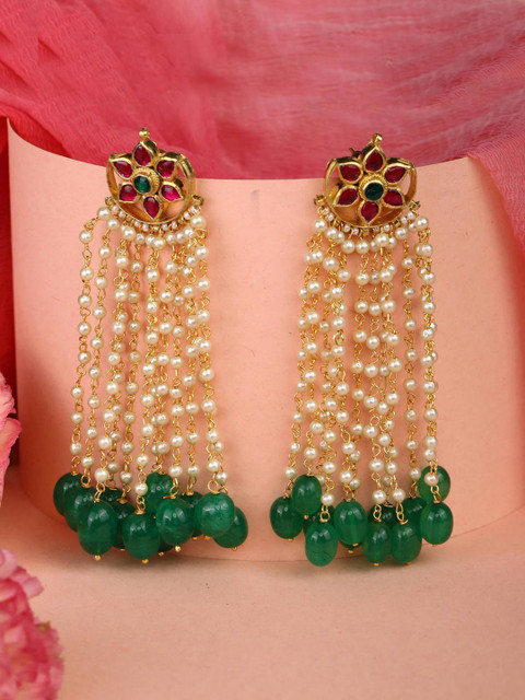 

Priyaasi White & Green Gold-Plated Emerald Contemporary Drop Earrings