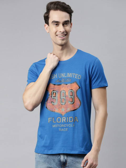 

MASH UNLIMITED Men Blue & Brown Typography Printed Slim Fit Cotton T-shirt