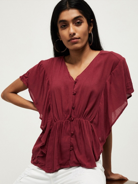 

max Maroon Flutter Sleeve Cinched Waist Top