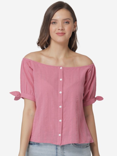

Modriba Pink Off-Shoulder Puff Sleeve Bardot Top