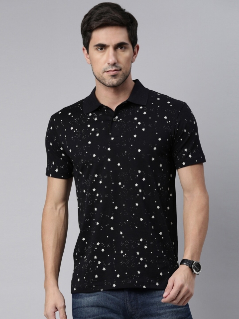 

Kryptic Men Black & White Printed Polo Collar Cotton T-shirt