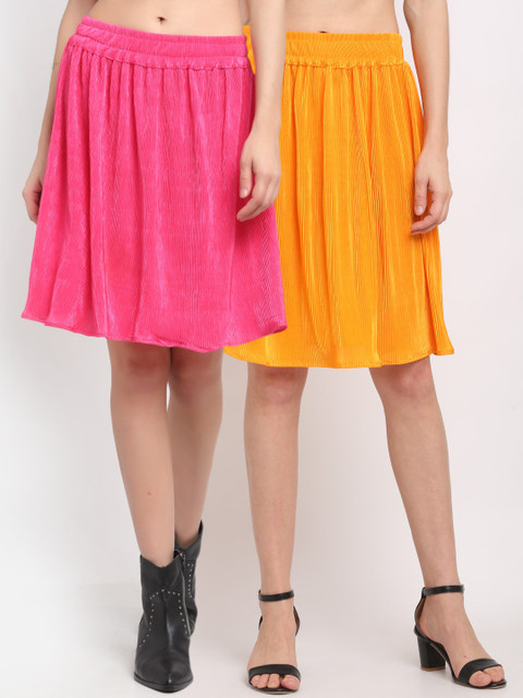 

NEUDIS Women Pack Of 2 Solid Accordian Pleated Flared Knee-Length Skirts, Pink