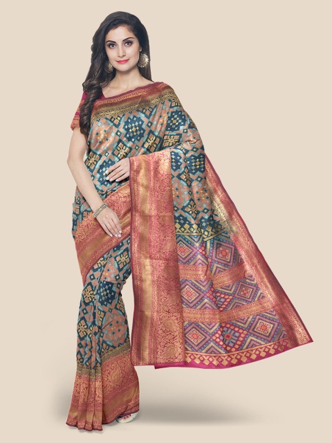 

Kalamandir Navy Blue & Pink Ethnic Motifs Silk Blend Banarasi Saree