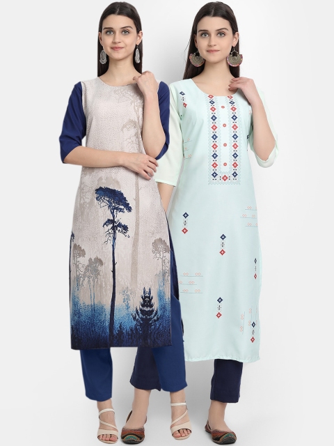 

Ethnic basket Women Pack Of 2 Blue Geometric Printed Crepe Kurtas