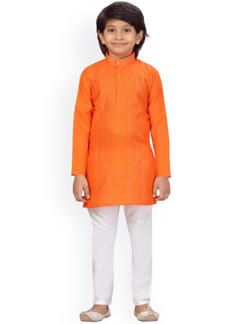 

LITTLE MAFIA BY Aarika Boys Orange & White Pure Cotton Straight Kurta with Pyjamas