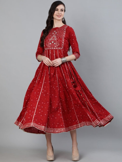 

Ishin DESIGNER STUDIO Maroon Ethnic Motifs Cotton A-Line Midi Dress