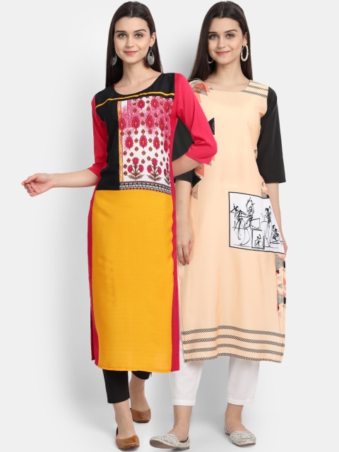 

Ethnic basket Women Pack Of 2 Yellow & Beige Floral Printed Crepe Kurta