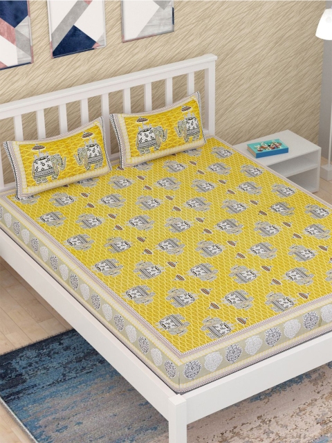 

METRO LIVING Yellow & White Ethnic Motifs 120 TC Queen Bedsheet with 2 Pillow Covers