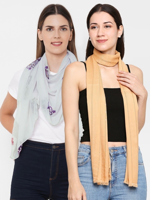 

Get Wrapped Women Set of 2 Beige & Grey Solid & Embroidered Scarves