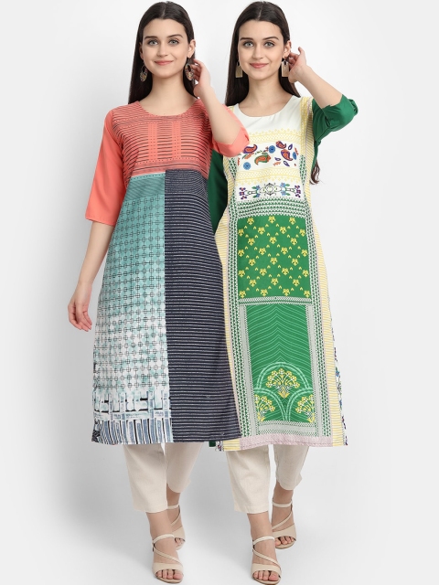 

Ethnic basket Women Pack Of 2 Green & Peach-Coloured Ethnic Motifs Printed Crepe Kurtas