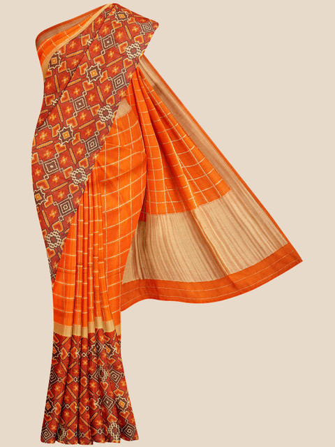 

Kalamandir Orange Checked Silk Blend Banarasi Saree