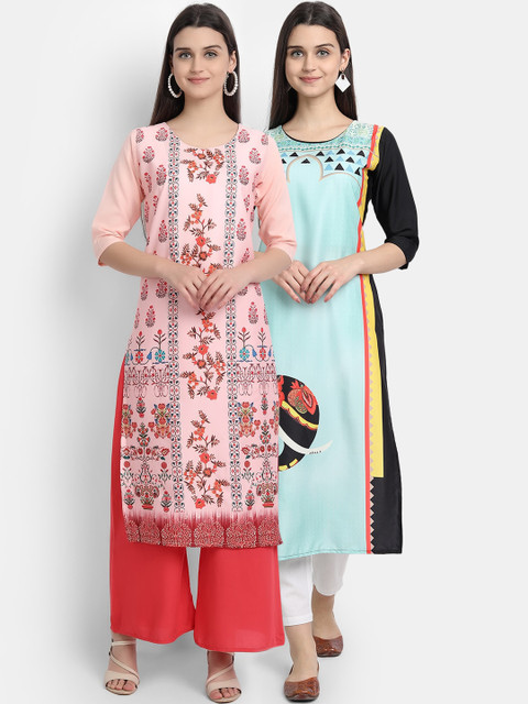 

Ethnic basket Women Pack Of 2 Pink & Green Floral Printed Crepe Kurta