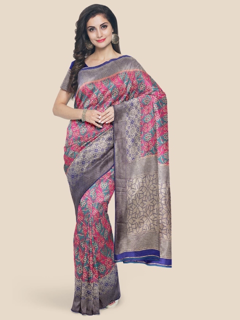 

Kalamandir Pink & Navy Blue Floral Zari Silk Blend Banarasi Saree