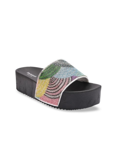 

Stelatoes Women Black & Multi Western Embellished Sliders
