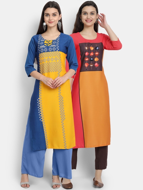 Ethnic basket Women Multi Colourblocked Thread Work Crepe Kurta