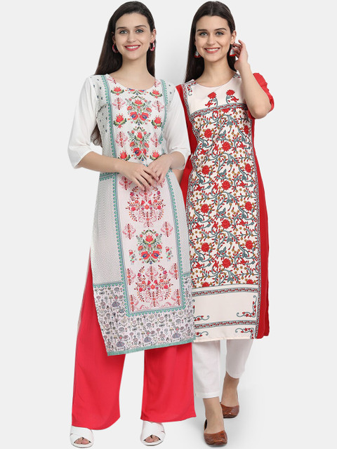 

Ethnic basket Women Multi Floral Printed Keyhole Neck Mirror Work Crepe Kurta