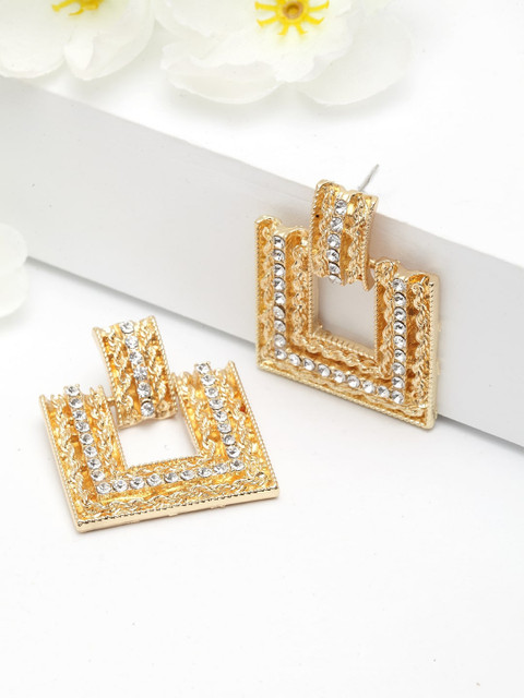 

AVANT-GARDE PARIS Women Gold Toned Classic Geometrical crystal Drop Earrings