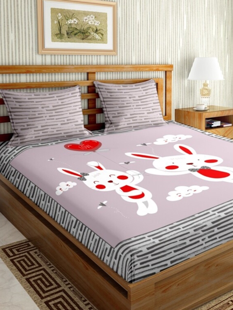 

BELLA CASA Lavender & White Graphic 144 TC King Bedsheet with 2 Pillow Covers