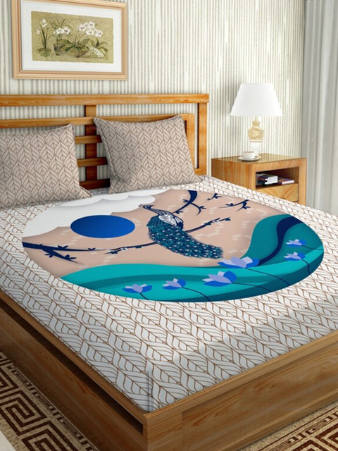 

BELLA CASA Peach & Blue Floral 144 TC King Bedsheet with 2 Pillow Covers
