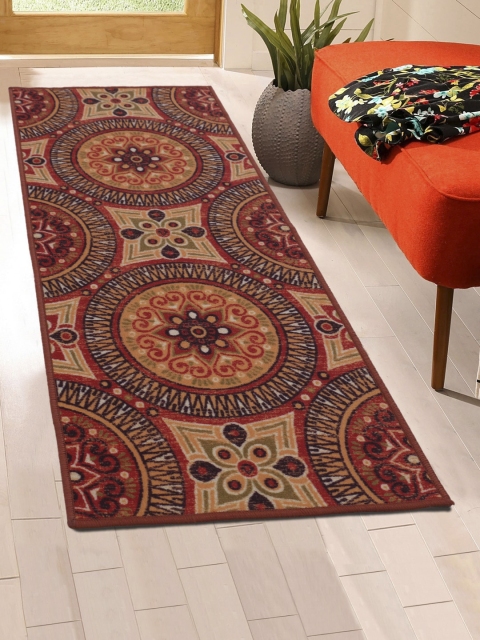 

RUGSMITH Red & Camel Brown Printed Anti-Skid Floor Runner