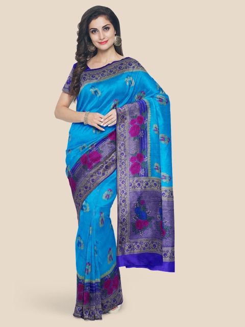 

Kalamandir Blue Floral Zari Silk Blend Banarasi Saree