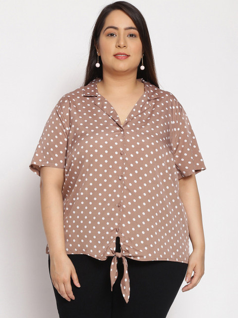 

Oxolloxo Women Dusty Rose White Polka Dot Spot Print Plus Size Light Summer Top, Brown