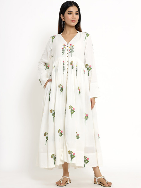 

VRISA Off White Floral Embroidered Maxi Dress
