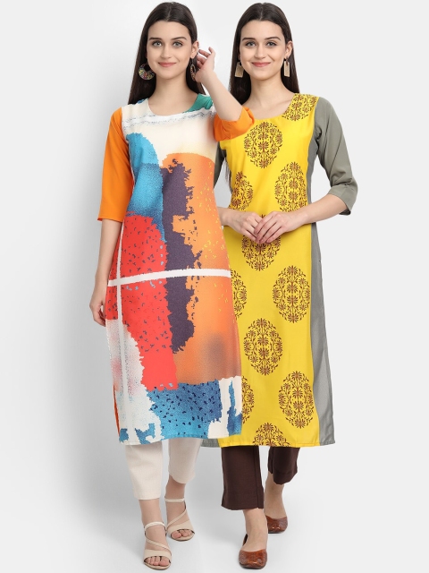 

Ethnic basket Women Pack Of 2 Yellow & Blue Ethnic Motifs Printed Crepe Kurta