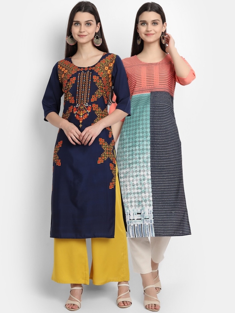 

Ethnic basket Women Pack Of 2 Navy Blue & Green Geometric Printed Crepe Kurtas