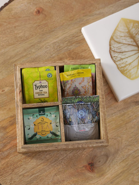 

Amoliconcepts White & Gold Wooden Tea Box With Leaf Enamel Design Lid